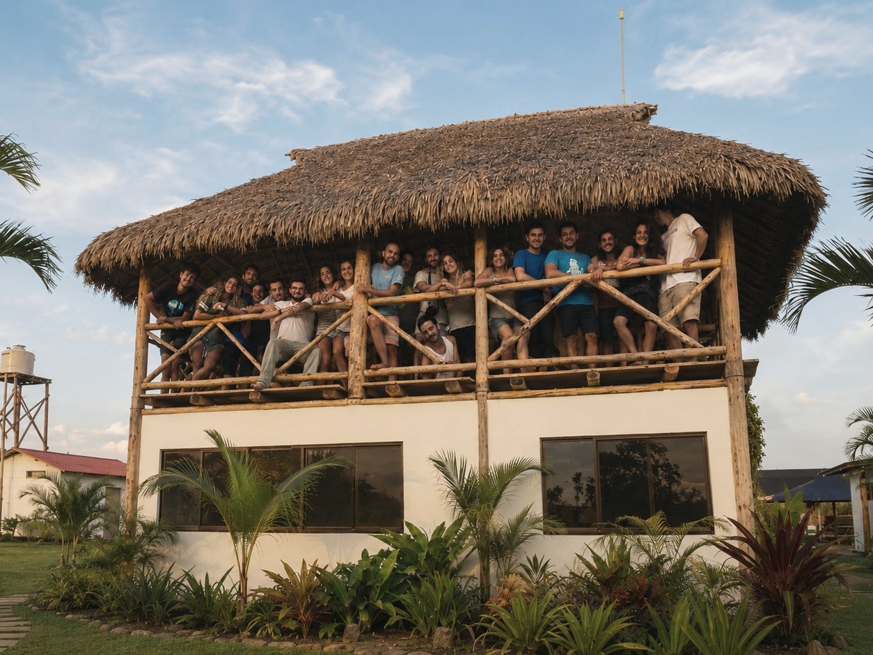 Grupo de voluntarios de los Collaborative Camps en el balcón del hostal Calalas, al atardecer