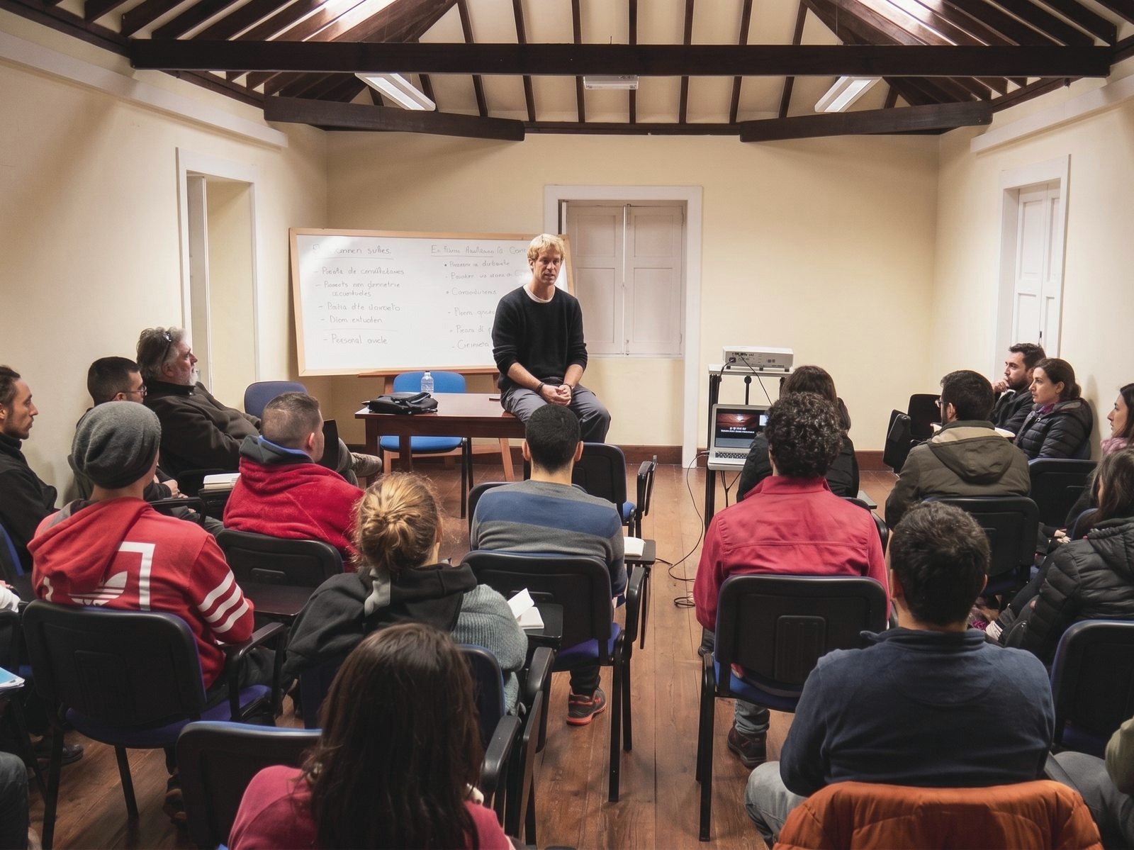 Juan Serantes conversando con una clase dispuesta en semicírculo en un aula