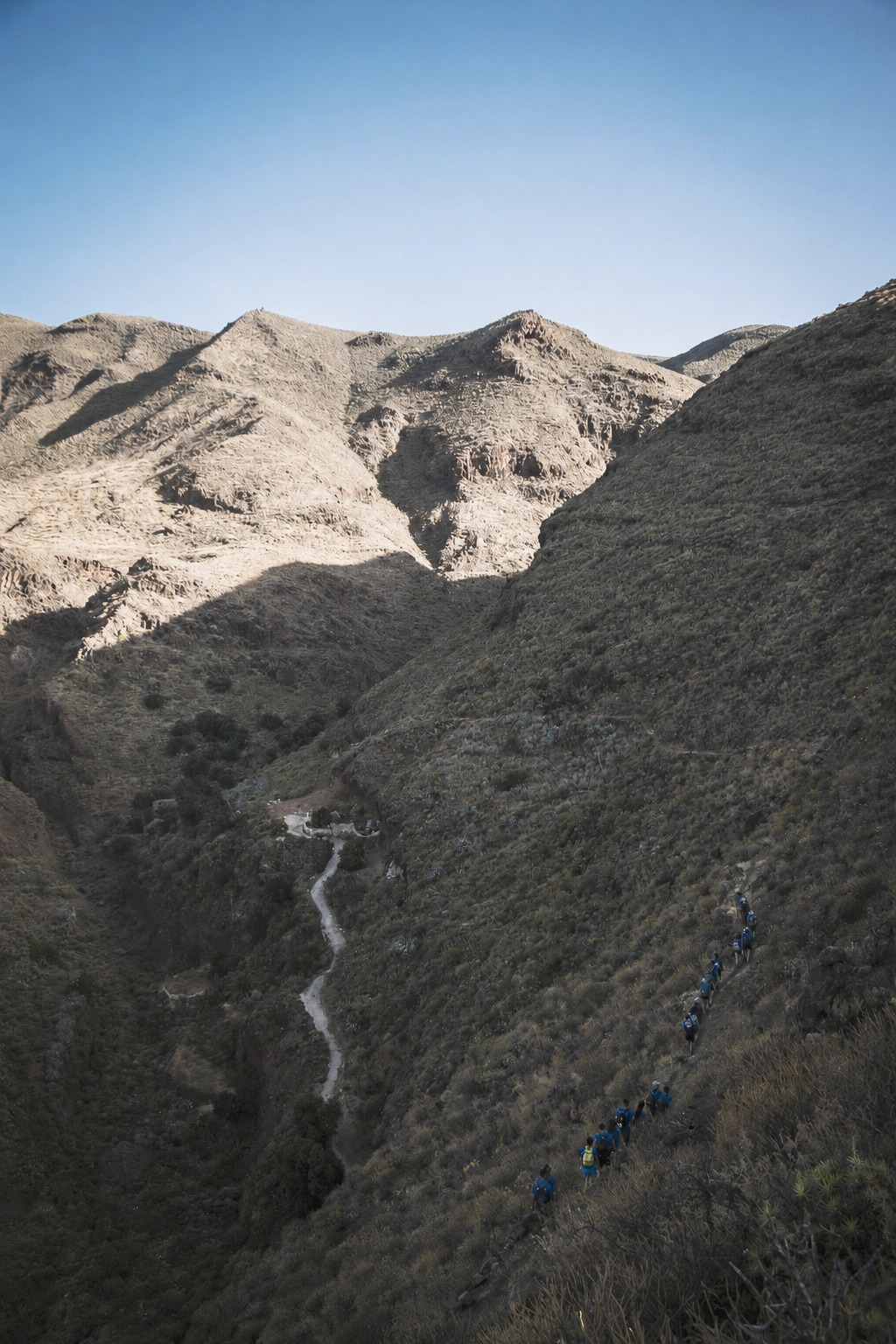 Grupo de Ruta Siete descendiendo en fila un barranco de montaña en Gran Canaria