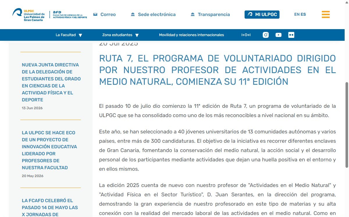 Captura de la nota de la Facultad de Ciencias de la Actividad Física y el Deporte de la ULPGC sobre la 11ª edición de Ruta Siete