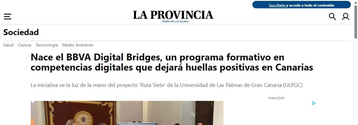 Captura de la noticia de La Provincia sobre el lanzamiento del programa BBVA Digital Bridges