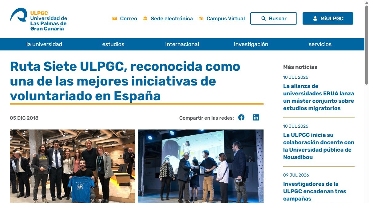 Captura de la nota de ULPGC sobre el reconocimiento de Ruta Siete por Fundación Telefónica, 2018