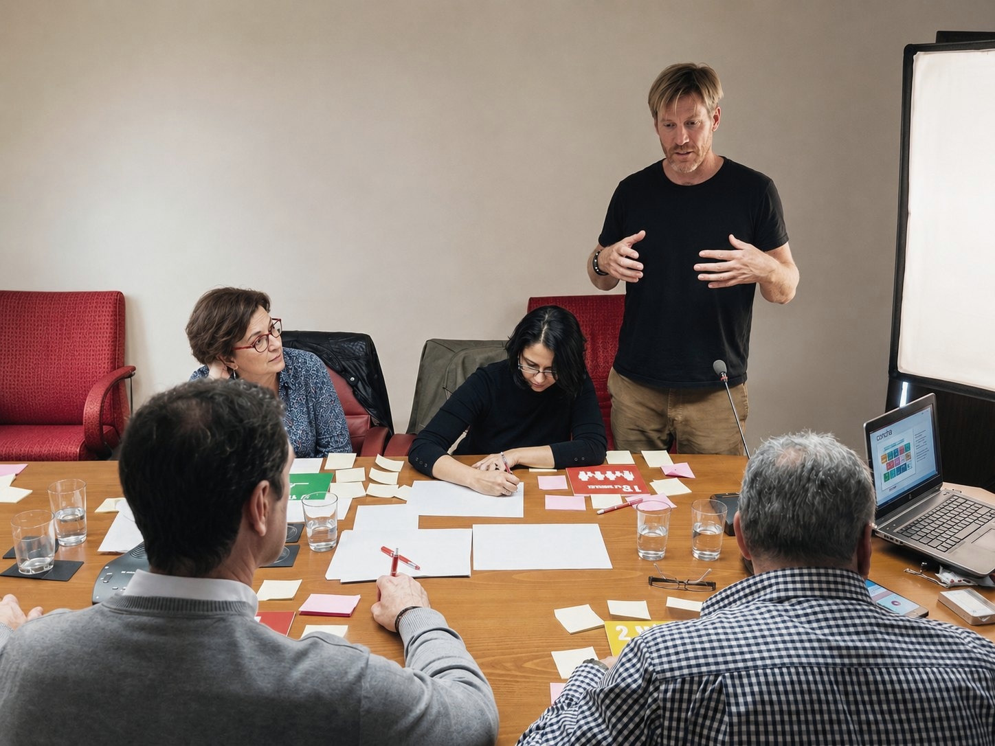 Juan Serantes facilitando un taller de trabajo con adultos alrededor de una mesa con tarjetas y notas