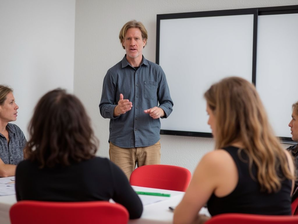 Juan Serantes en el aula, junto a la pizarra, con un grupo de estudiantes
